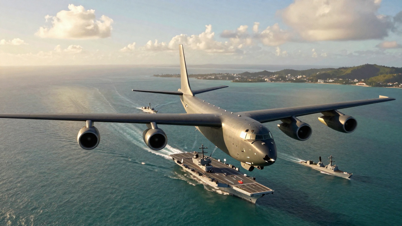 Avião militar voando baixo sobre um porta-aviões e navios de guerra no mar próximo a uma ilha.