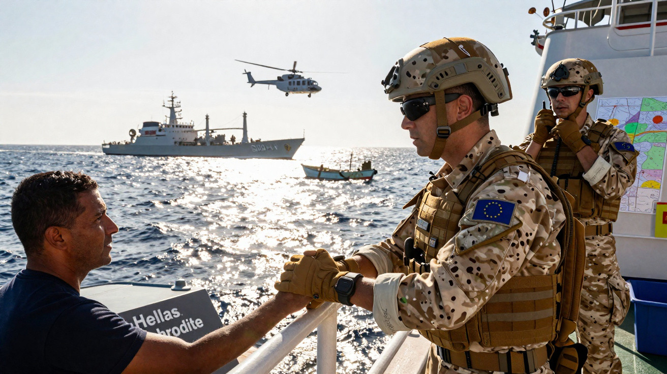 Militares europeus em operação marítima com barco, helicóptero e homem civil ao fundo no mar aberto.
