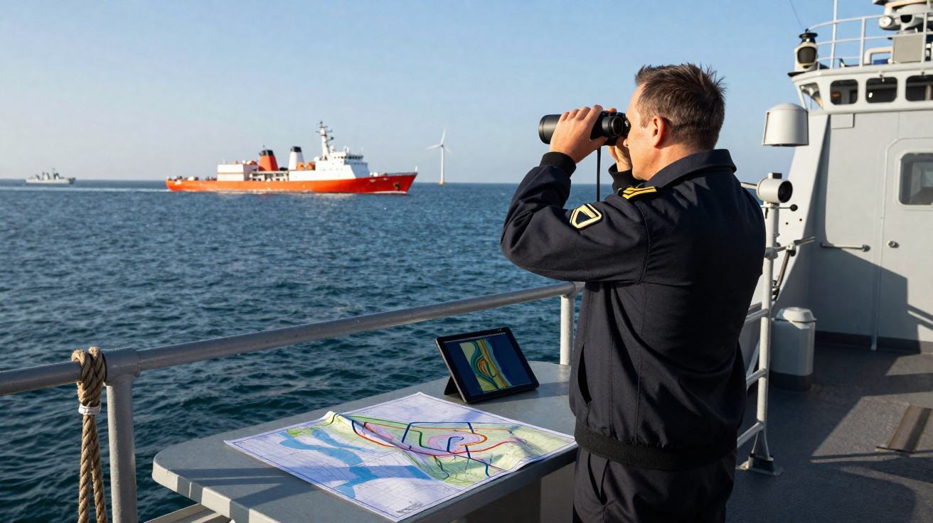 Marinheiro usando binóculo no convés observa navio laranja perto de turbina eólica no mar.