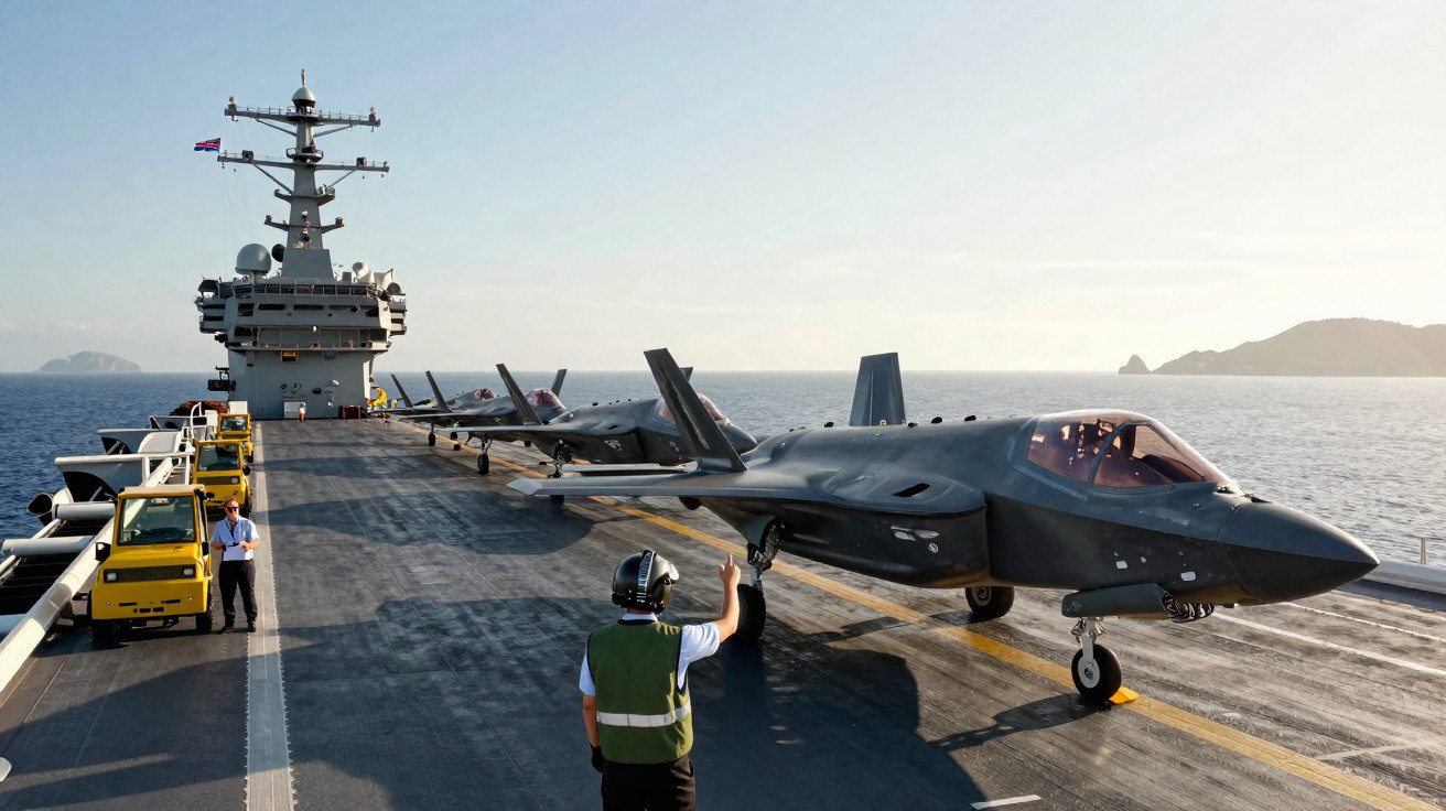 Caça F-35 na pista de decolagem de um porta-aviões com tripulantes e veículos de apoio ao fundo.