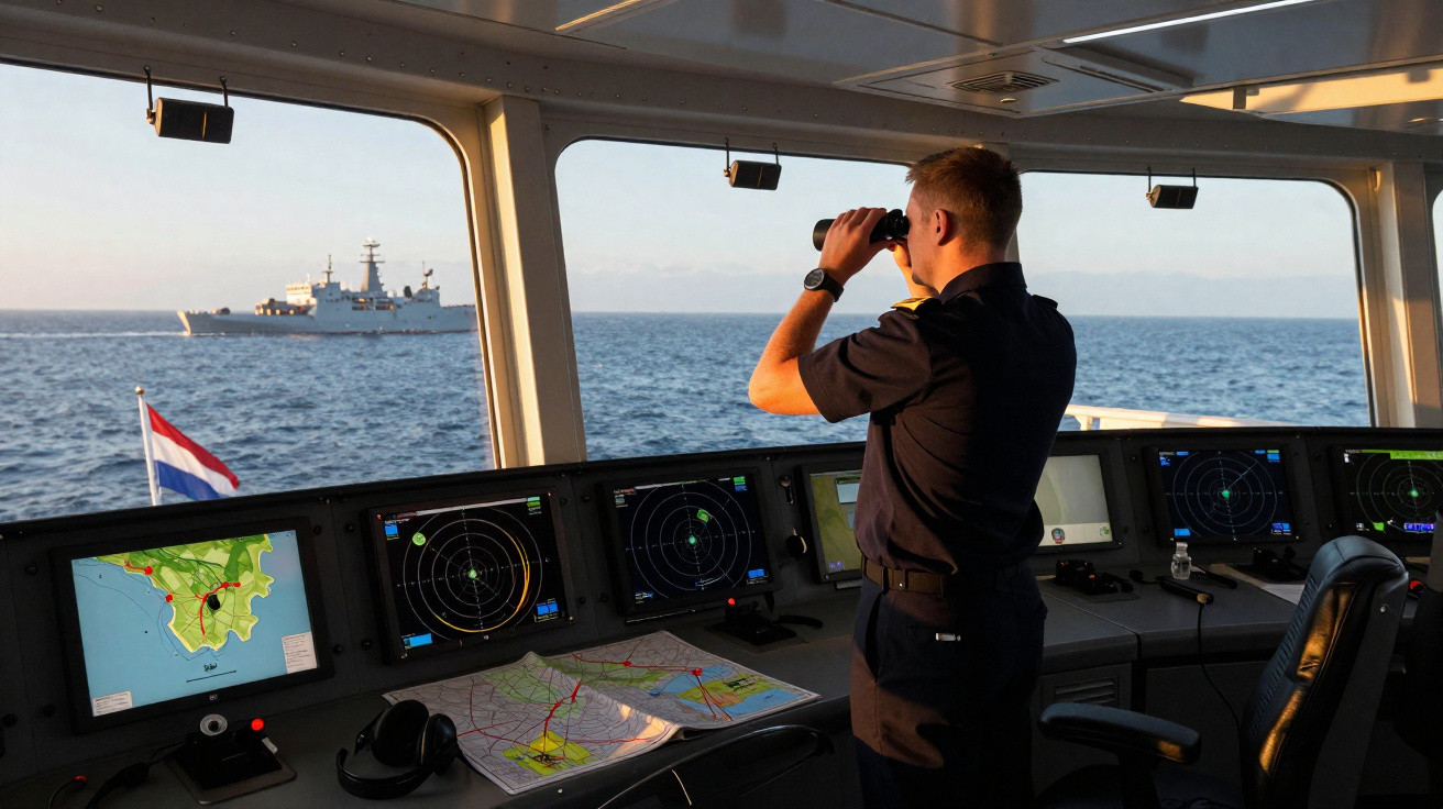 Marinheiro observa navio de guerra pelo binóculo na cabine de comando de uma embarcação naval.