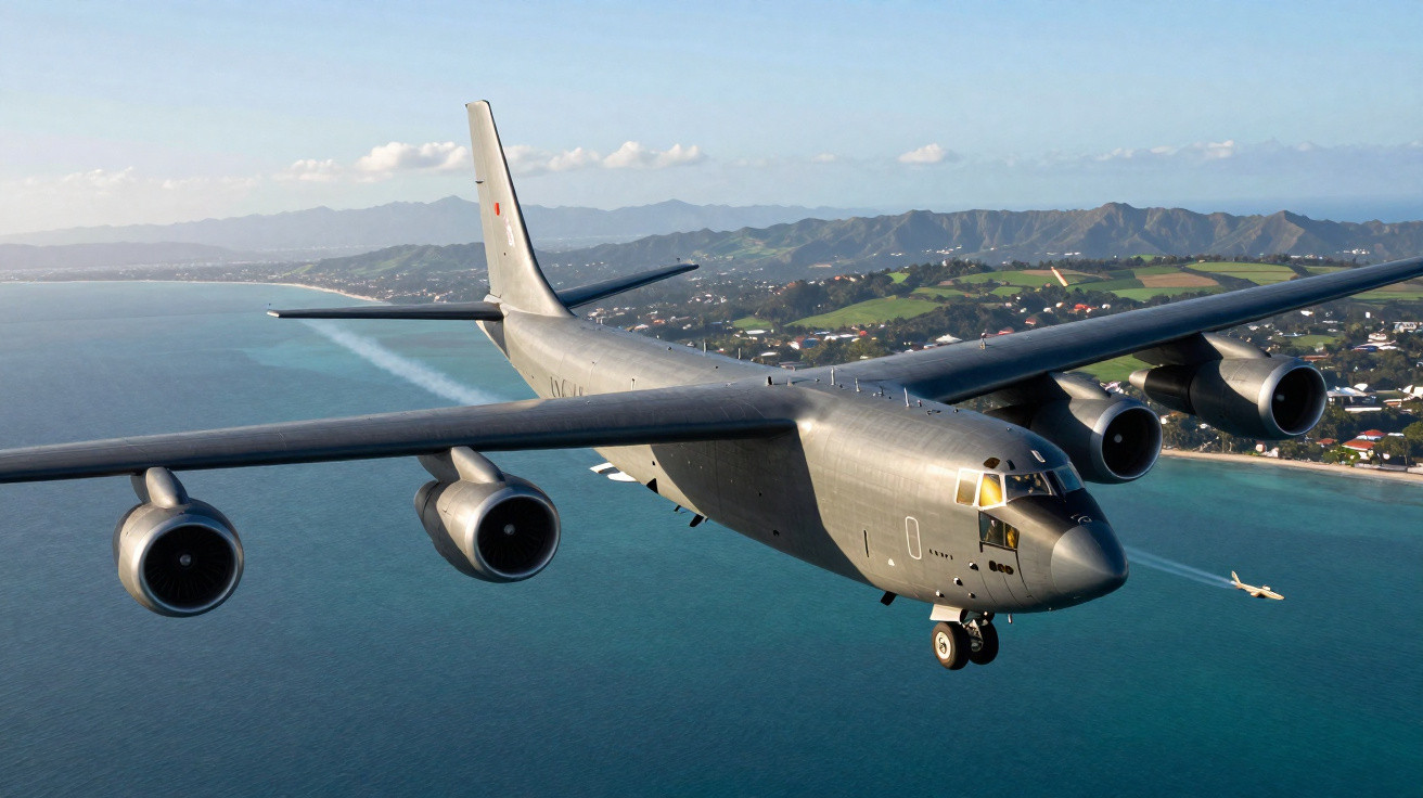 Avião militar voando sobre o mar próximo a uma costa com montanhas ao fundo.