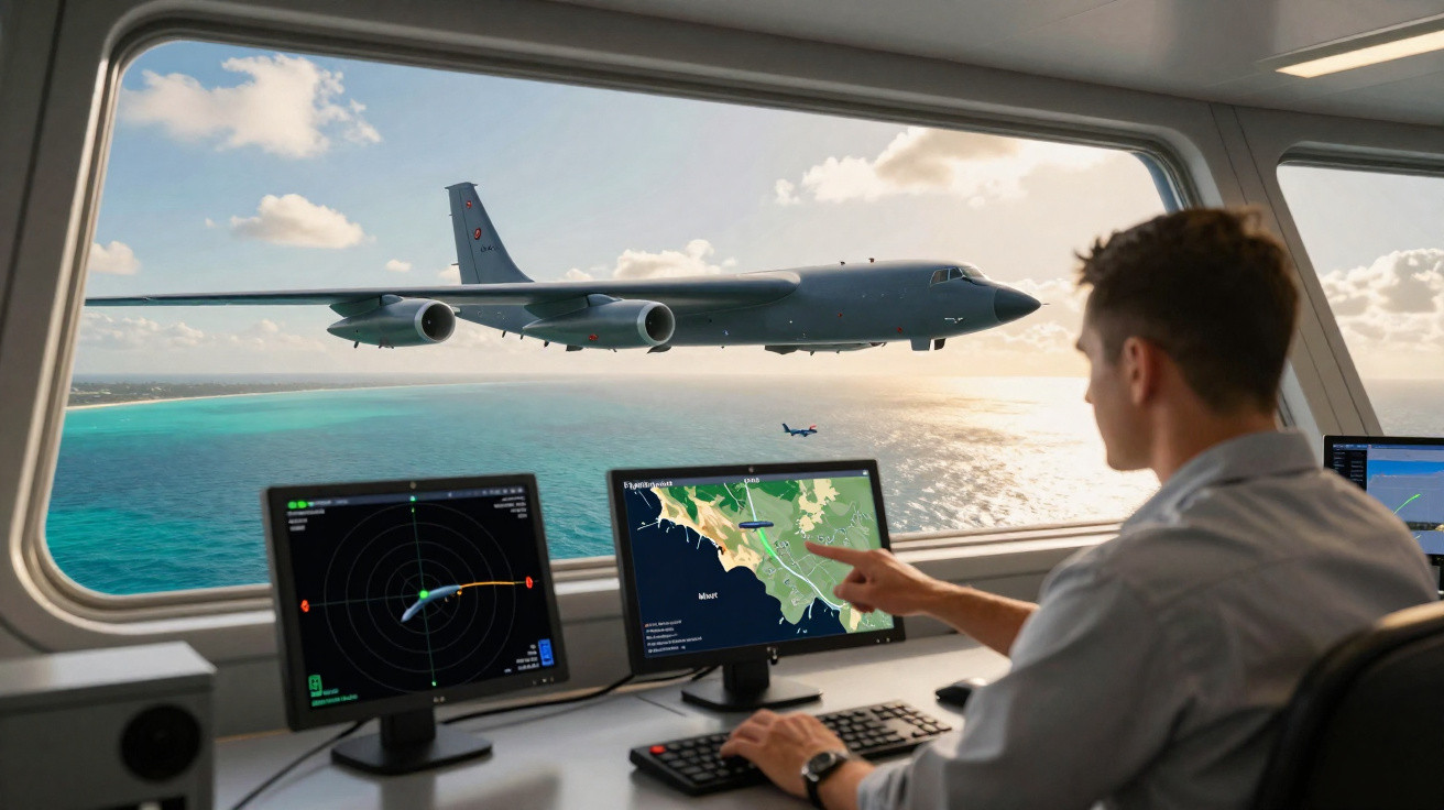 Homem operando radar em torre de controle com avião militar voando sobre o oceano ao fundo.