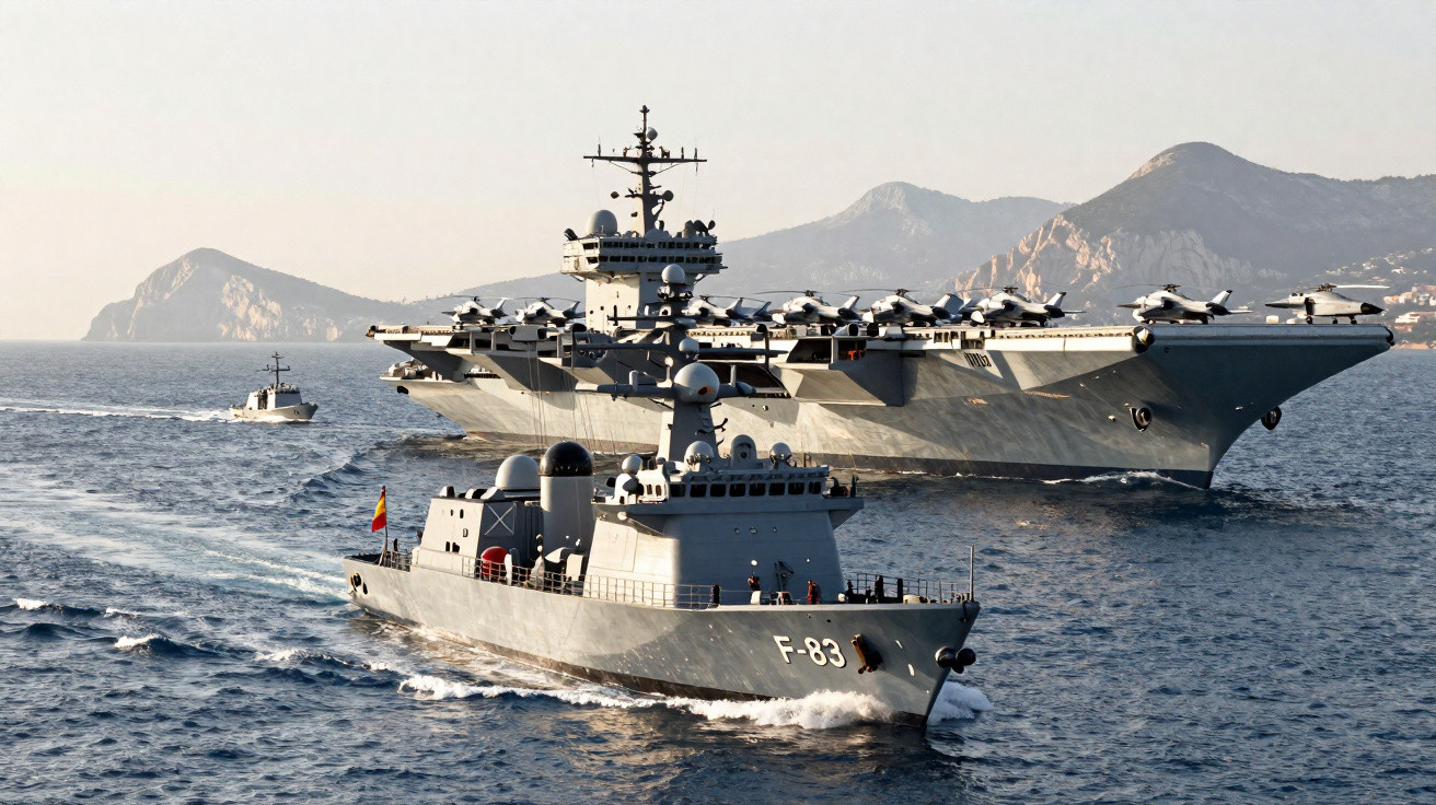 Porta-aviões e navio de guerra navegando próximos com montanhas ao fundo em mar calmo.