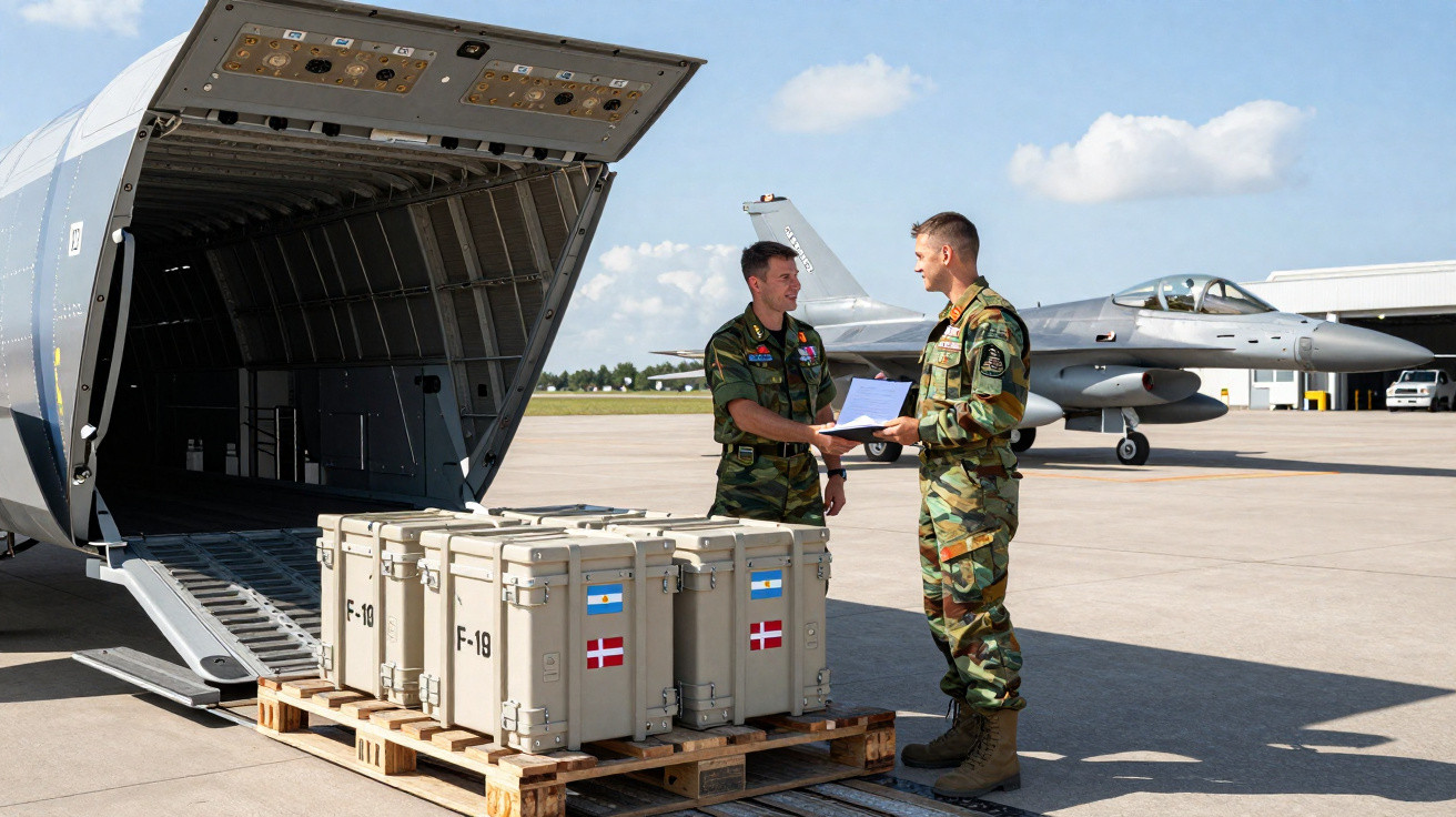 Dois militares trocando documentos ao lado de palete com caixas de transporte na área de um aeroporto militar.