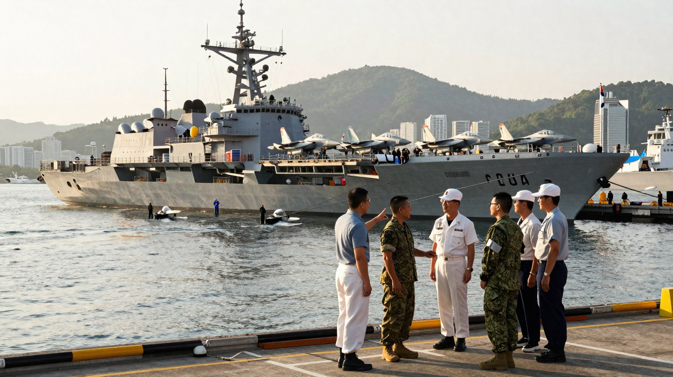 Grupo de militares conversando em porto com grande navio de guerra e jatos no convés ao fundo.