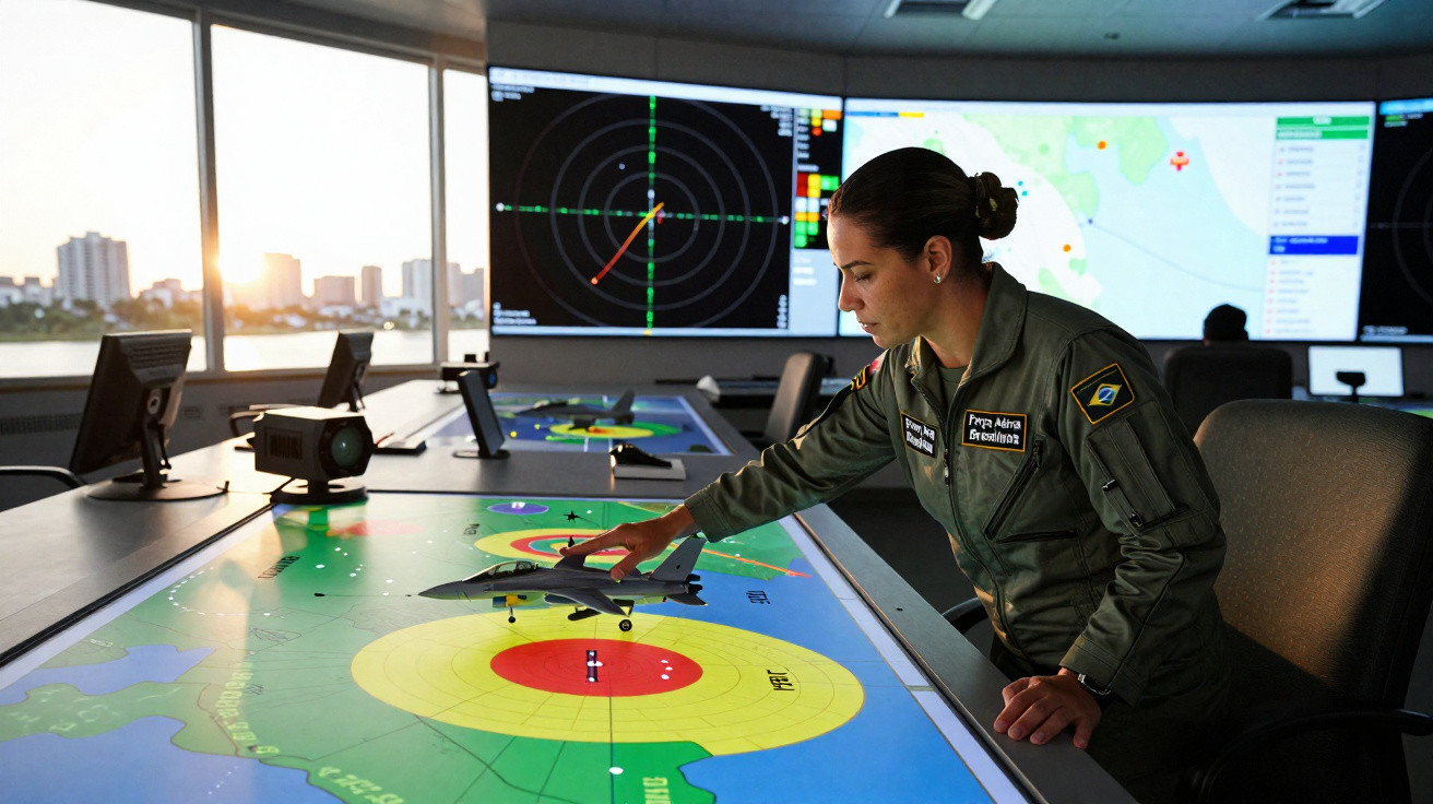 Militar brasileira em uniforme manipula maquete de avião em mesa digital interativa numa sala de comando com telas de radar.