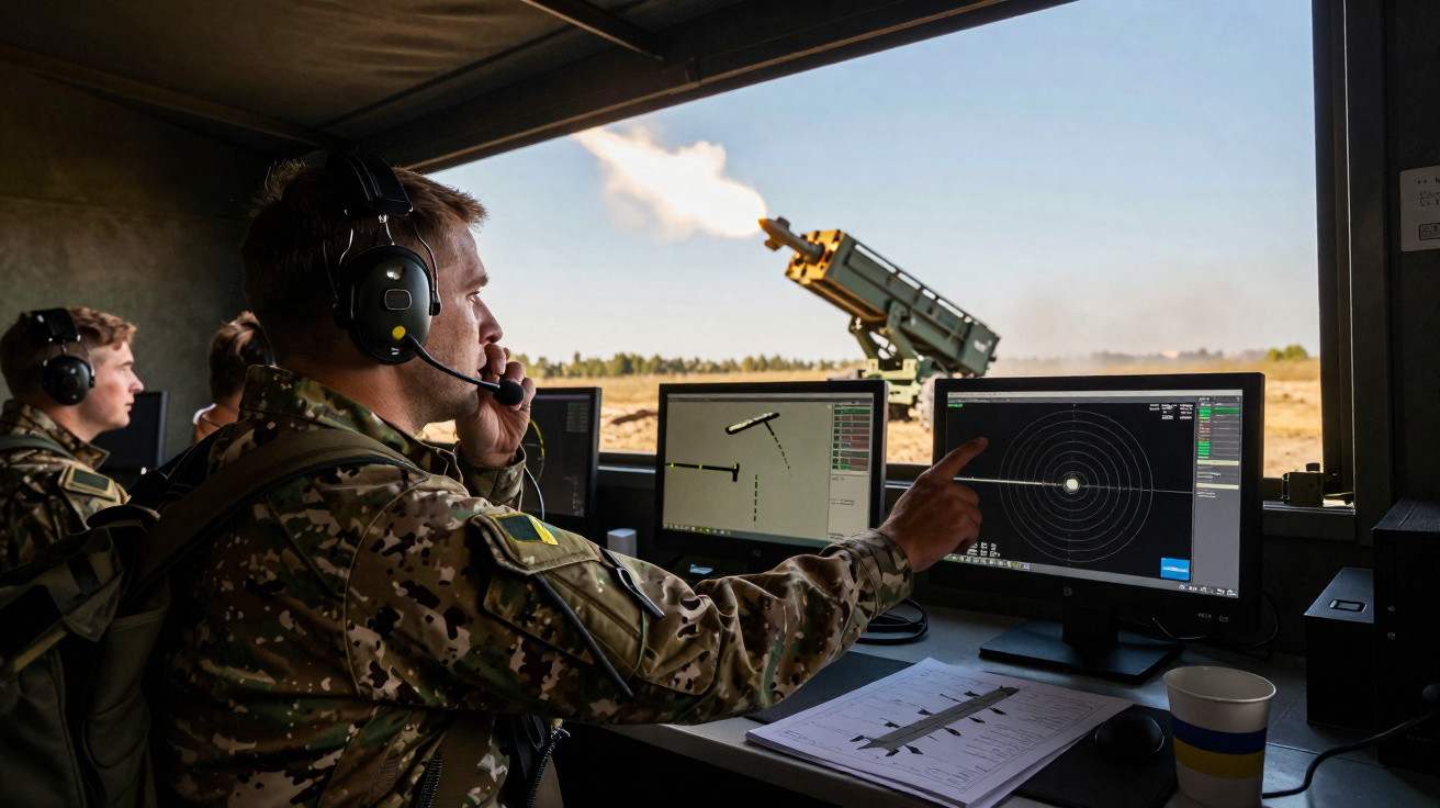 Soldados em estação de comando operam sistema de defesa antiaérea com tela de monitor e lançador ao fundo.
