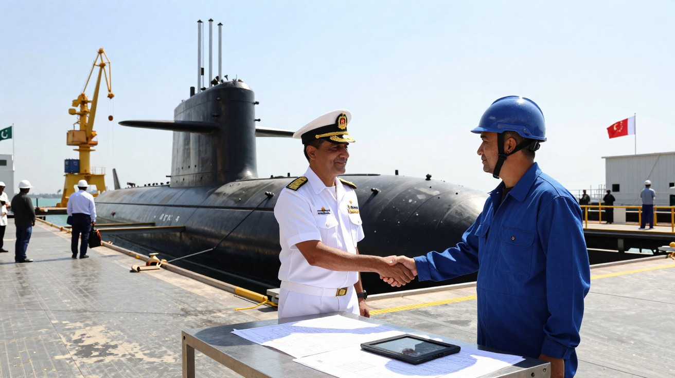 Oficiais militares apertando as mãos em cais próximo a submarino preto atracado sob céu claro.