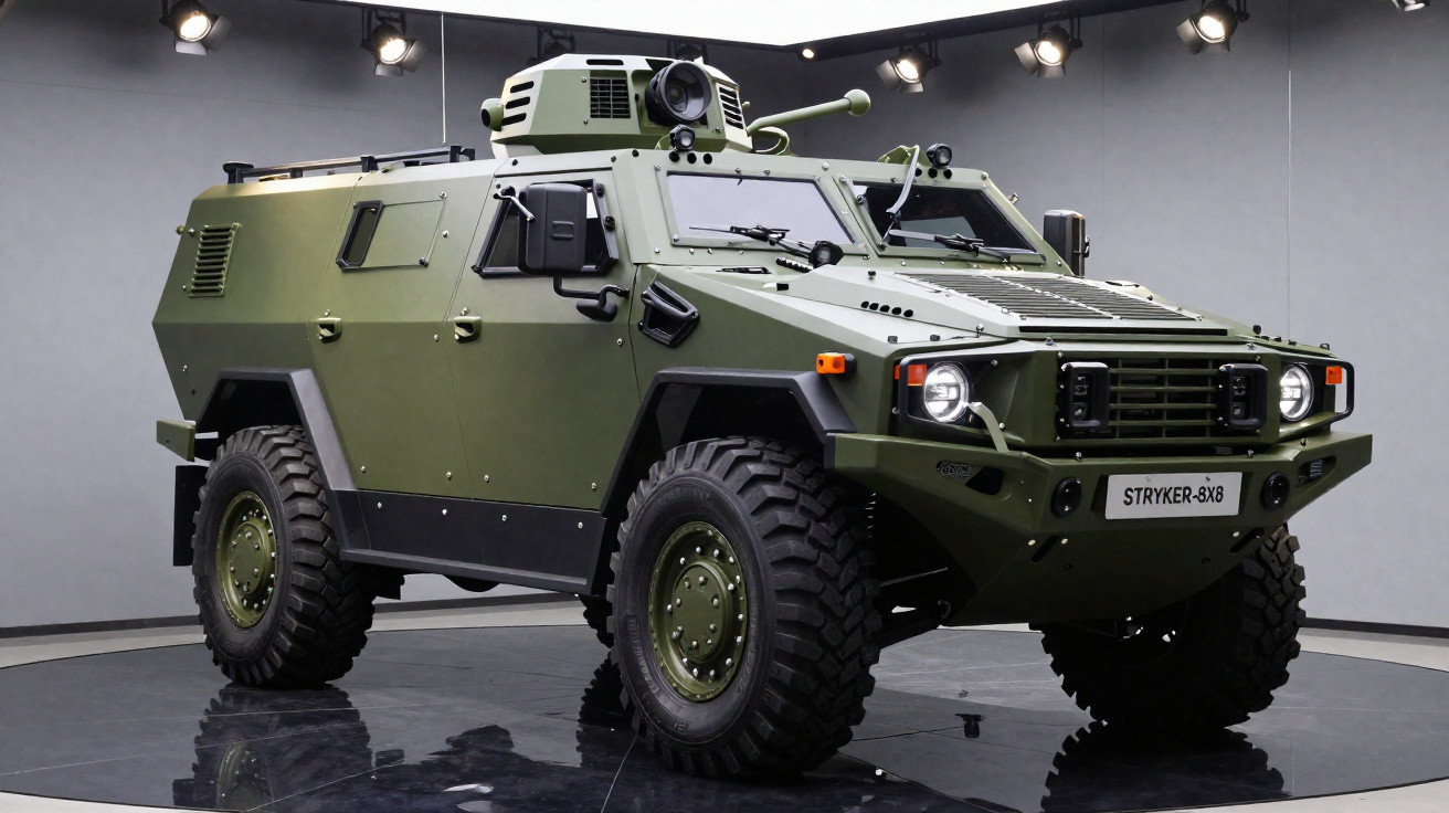 Veículo militar blindado verde com rodas grandes em ambiente interno iluminado.