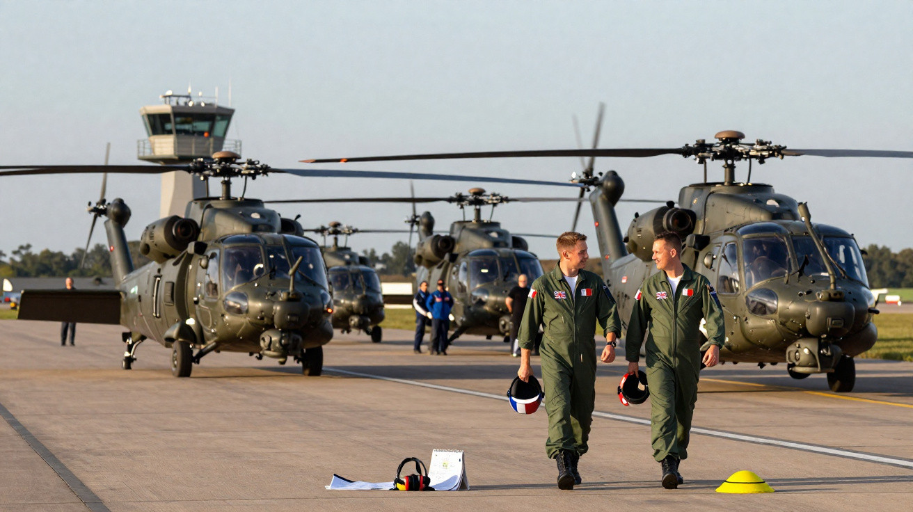 Dois pilotos militares caminham em pista ao lado de helicópteros de ataque estacionados sob céu claro.