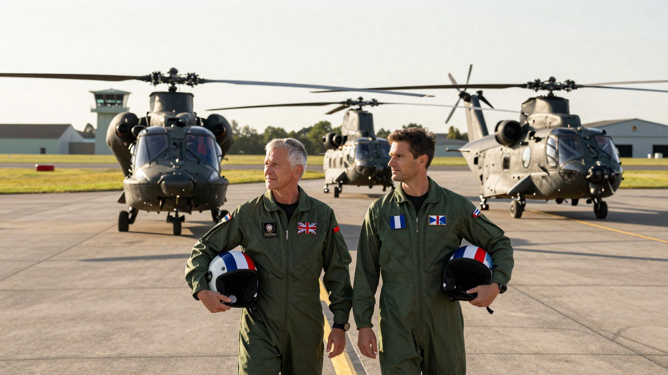 Dois pilotos militares com macacões verdes seguram capacetes em frente a três helicópteros em pista de pouso.