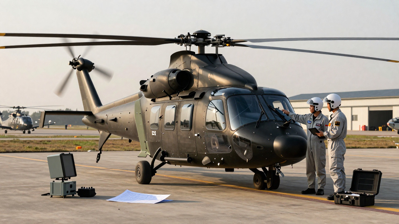 Helicóptero militar preto estacionado no solo com dois operadores em uniforme branco ao seu lado durante inspeção.