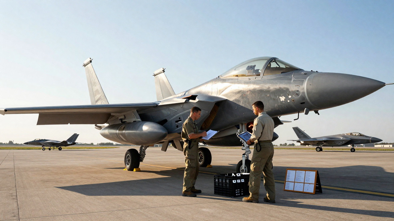 Dois militares inspecionam um caça F-15 estacionado em pista com dois caças ao fundo.