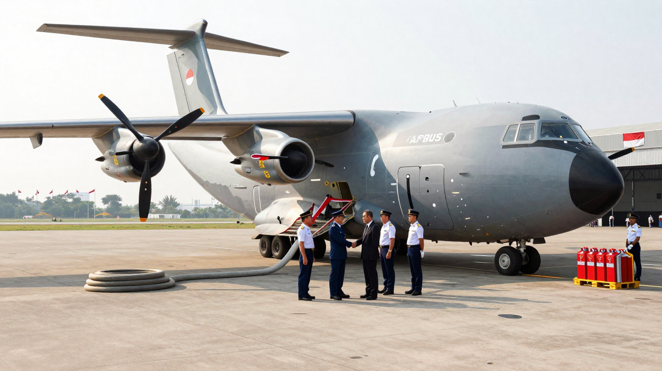 Avião militar Airbus cinza estacionado em pista com cinco homens em uniformes cumprimentando-se.