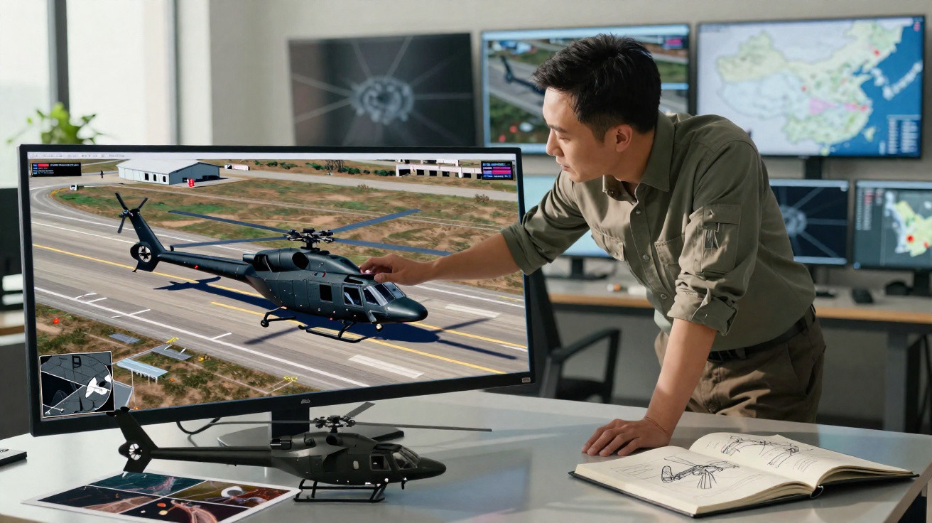 Homem analisando modelo 3D de helicóptero em tela grande, com miniatura e livro de projetos na mesa.