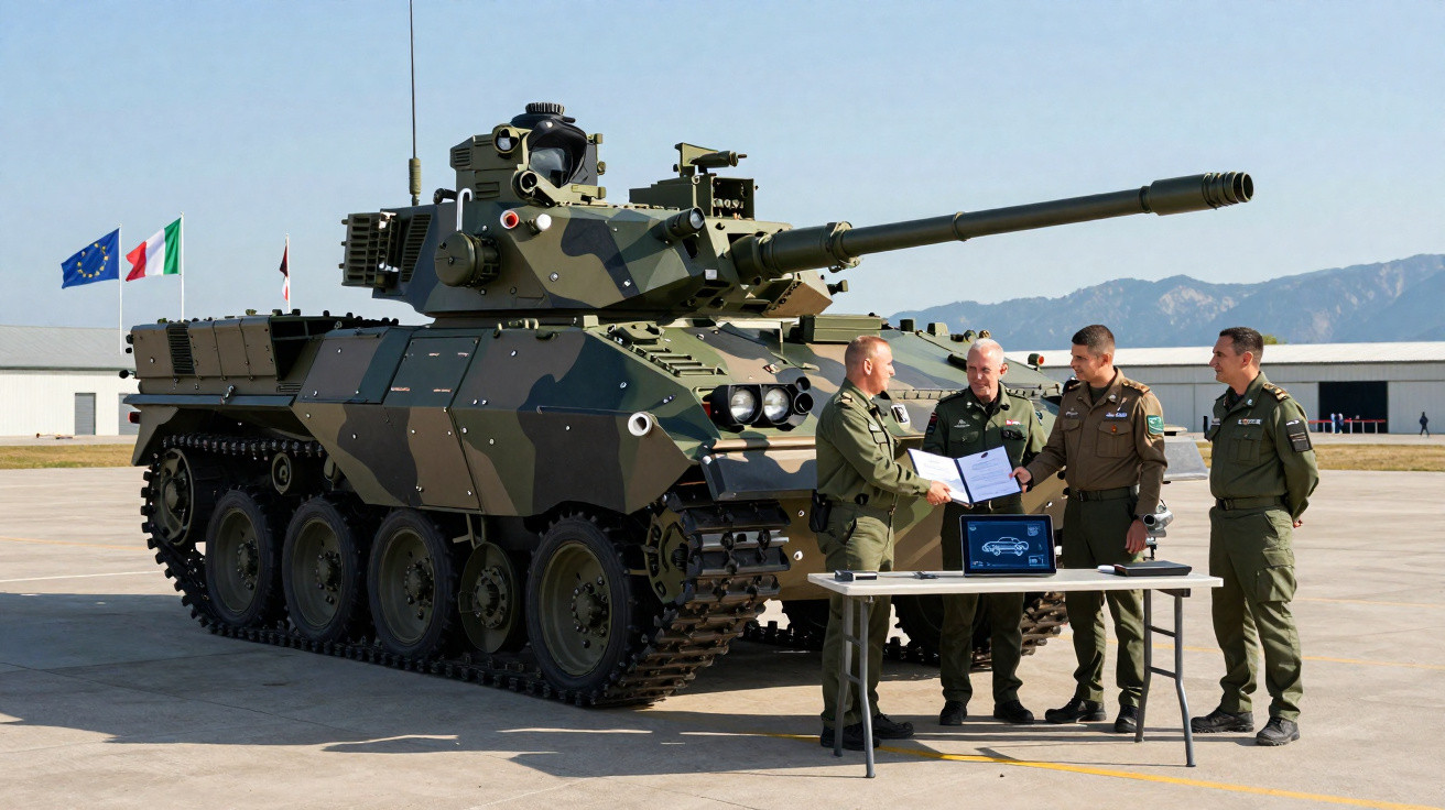 Quatro militares em uniforme em frente a um tanque de guerra camuflado em área aberta com bandeiras ao fundo.