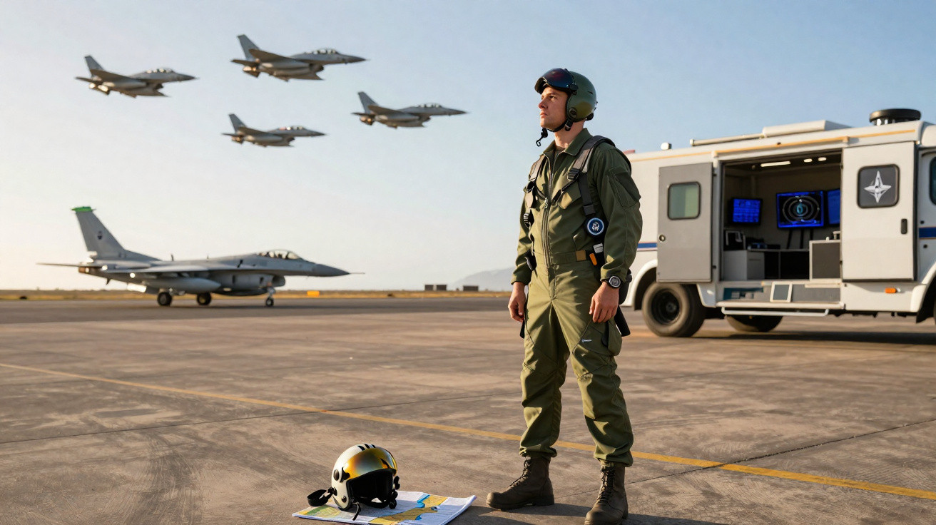 Piloto militar em traje de voo observa quatro caças em formação durante exercício na pista de aeroporto.