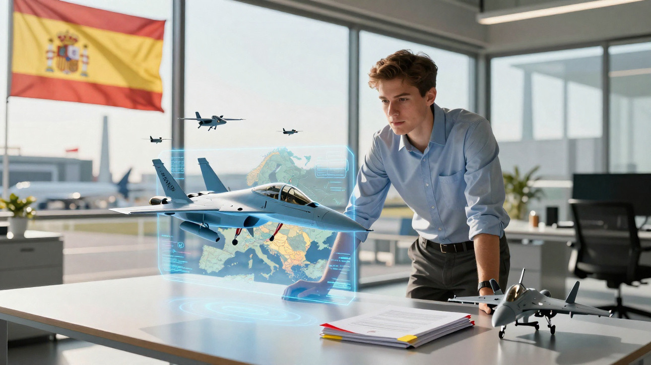 Homem observa holograma de avião militar em escritório moderno com bandeira da Espanha ao fundo.