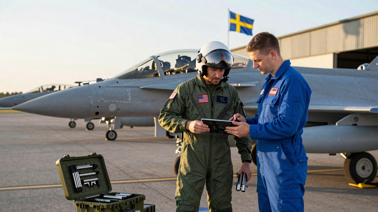 Piloto e técnico discutindo instruções perto de caça militar com bandeira da Suécia ao fundo.
