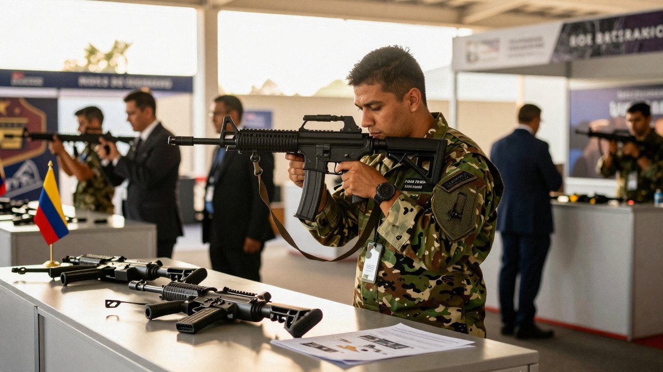 Homem em farda militar examina arma em exposição de armamentos com bandeira da Colômbia na mesa.