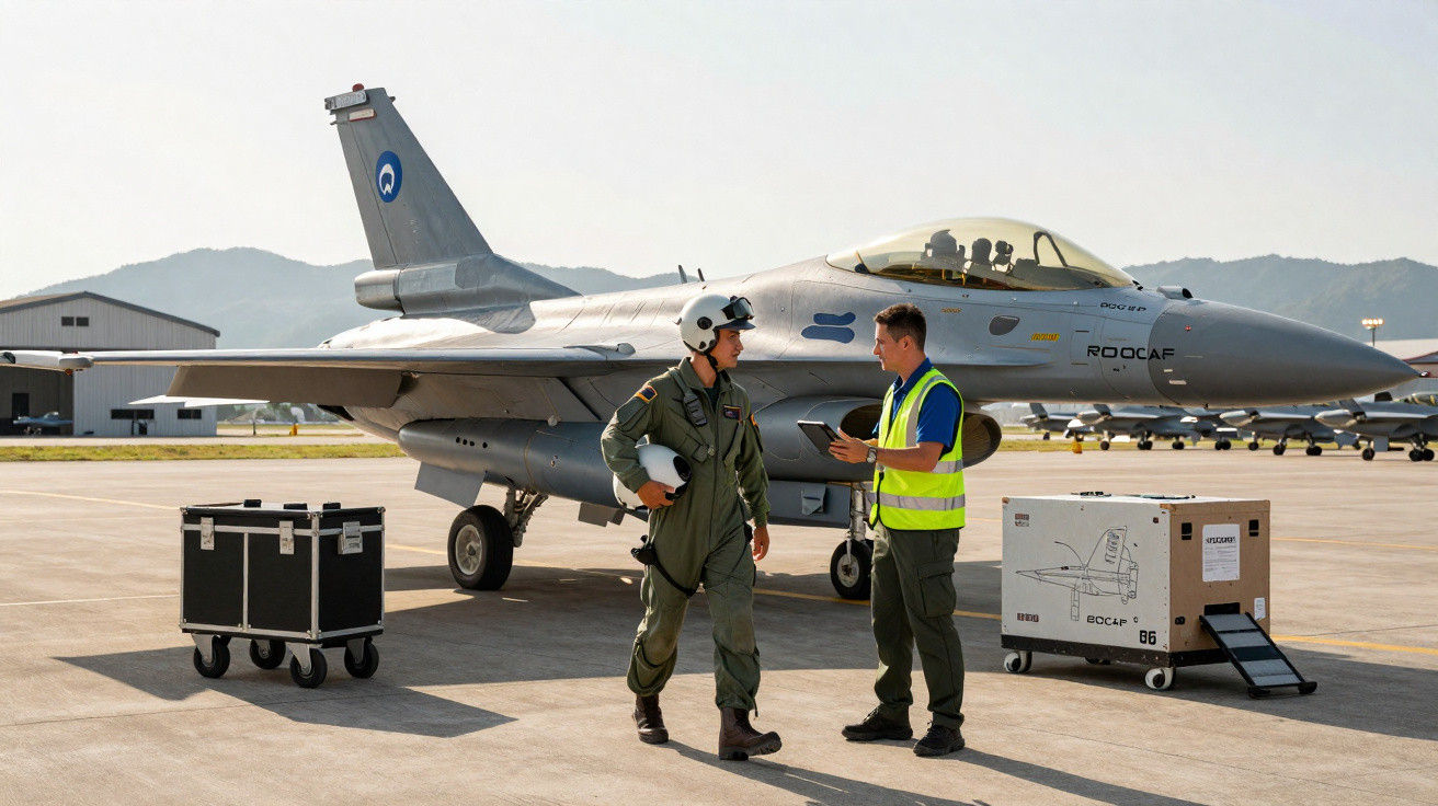 Dois homens conversando em um aeroporto militar ao lado de avião de caça estacionado.