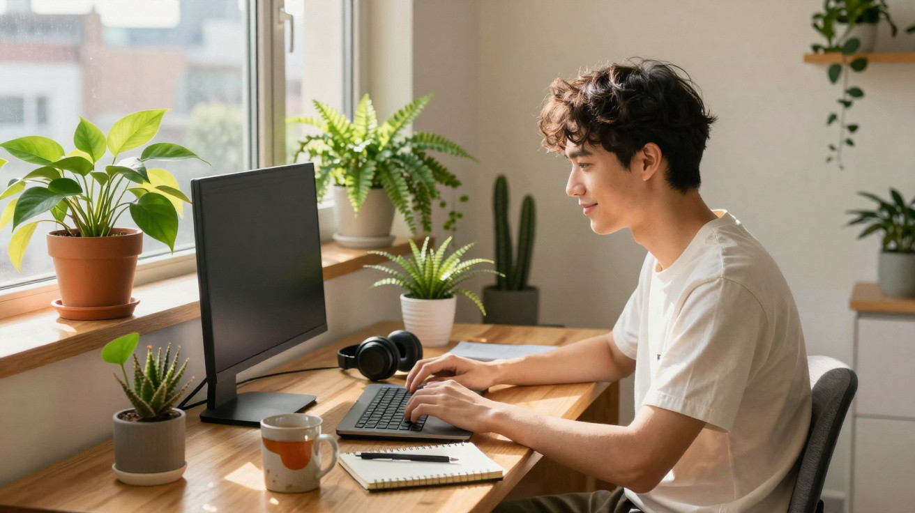 Jovem trabalhando no computador em mesa com plantas e janela ao fundo em ambiente iluminado.