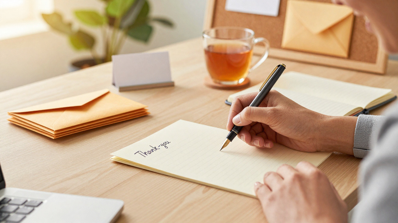 Pessoa escrevendo carta de agradecimento à mão em mesa com envelopes e xícara de chá.