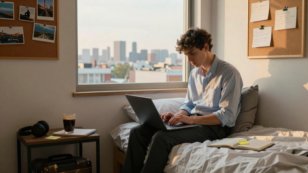 Jovem sentado na cama usando notebook, com caderno aberto e janela mostrando vista urbana ao fundo.