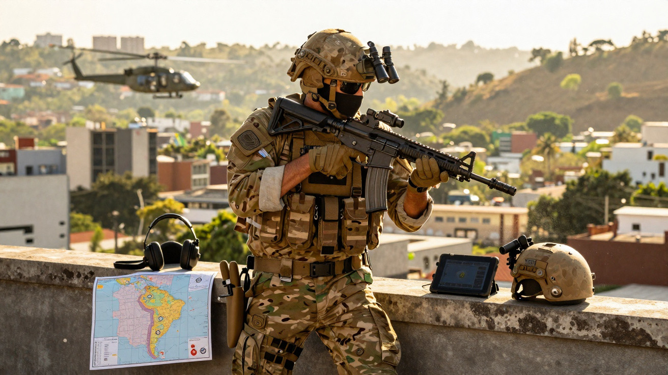Soldado armado em equipamento tático em telhado, com mapa da América do Sul, capacete e helicóptero ao fundo.
