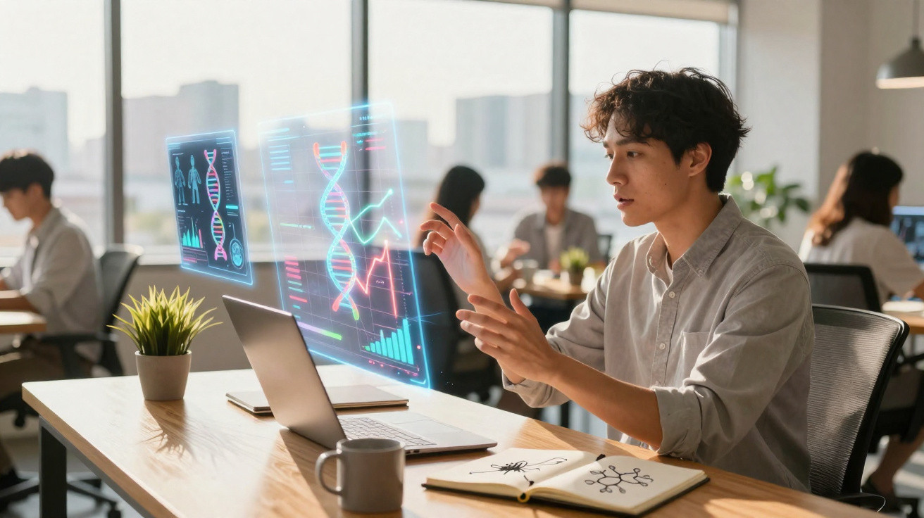 Jovem interagindo com hologramas digitais de DNA em escritório moderno com colegas ao fundo.