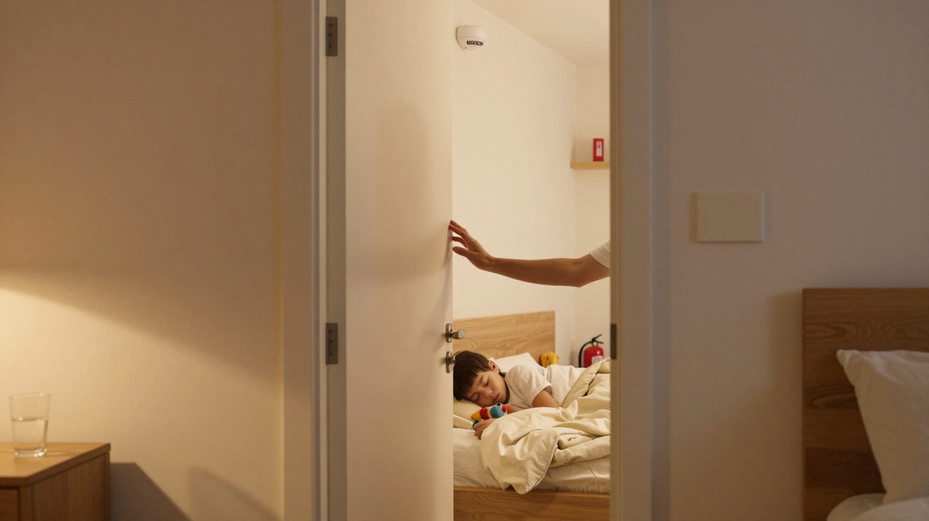 Criança dormindo na cama enquanto um adulto fecha a porta do quarto suavemente.