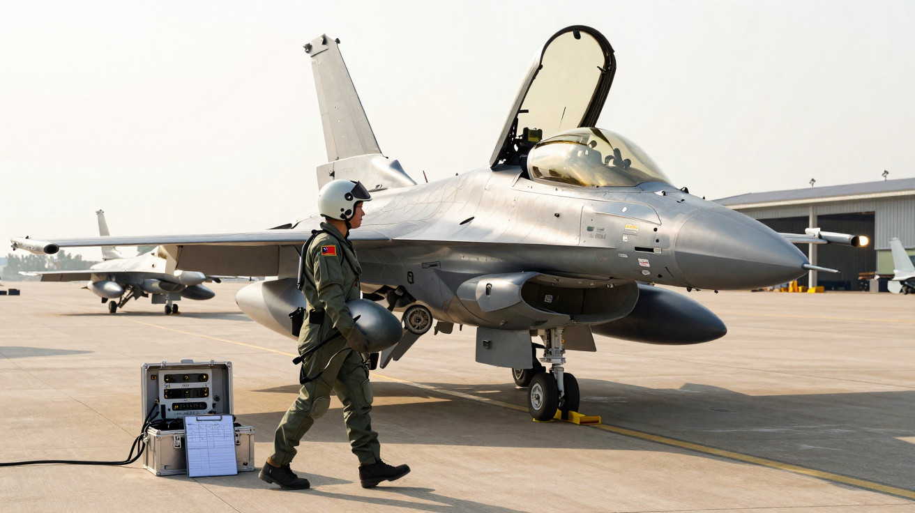 Piloto militar caminha próximo a caça F-16 estacionado em pista de aeroporto durante dia claro.