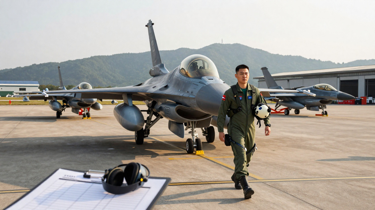 Piloto militar caminhando próximo a jatos de combate estacionados em base aérea durante o dia.