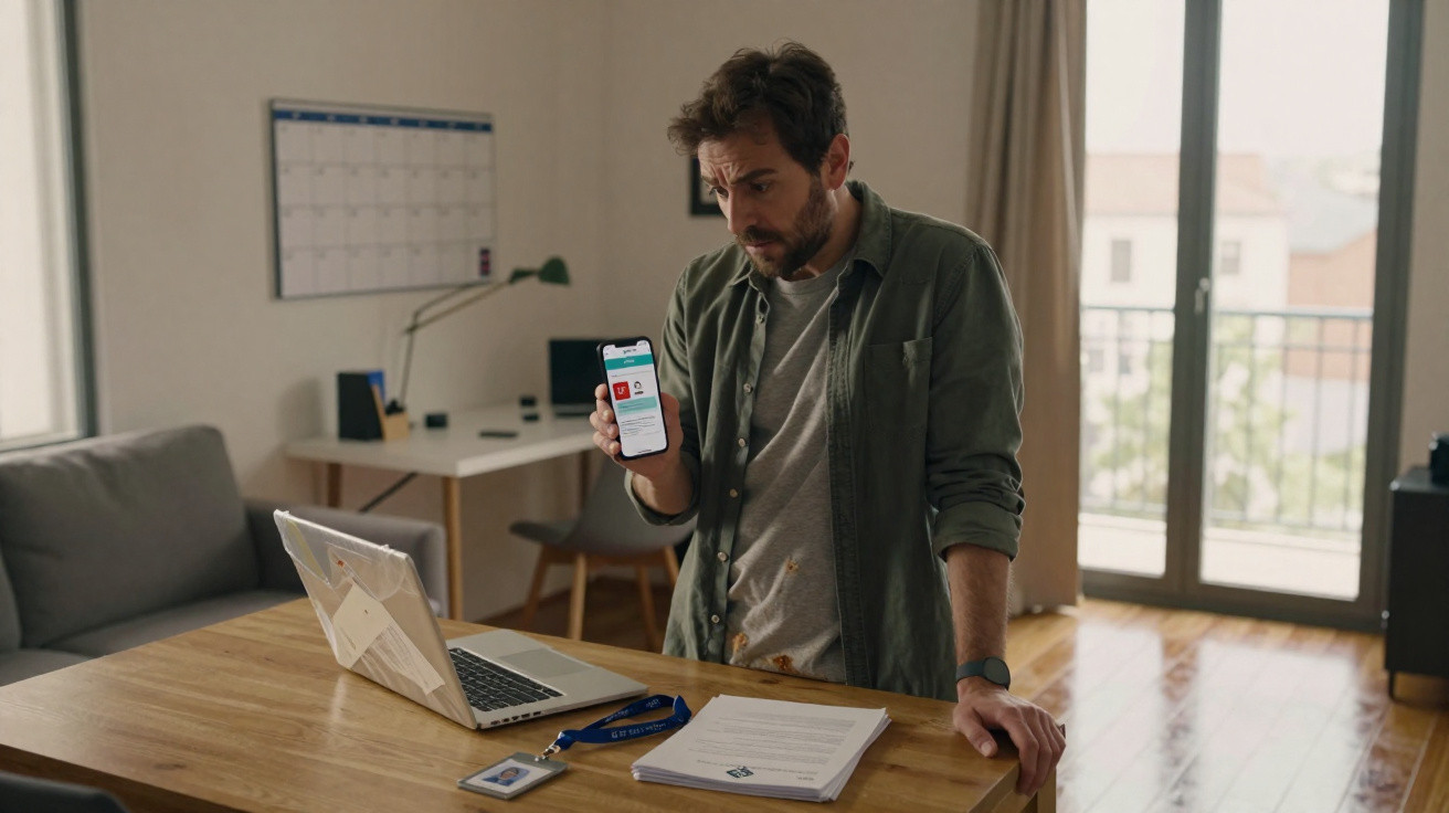Homem atento em escritório mostra celular com informações enquanto está diante de mesa com laptop e documentos.