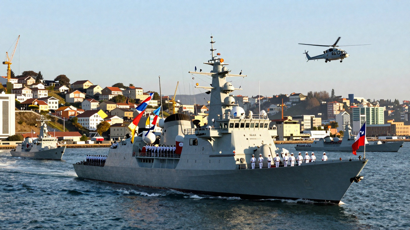 Navio militar com tripulação em formação navegando próximo à costa de cidade com helicóptero voando ao fundo.