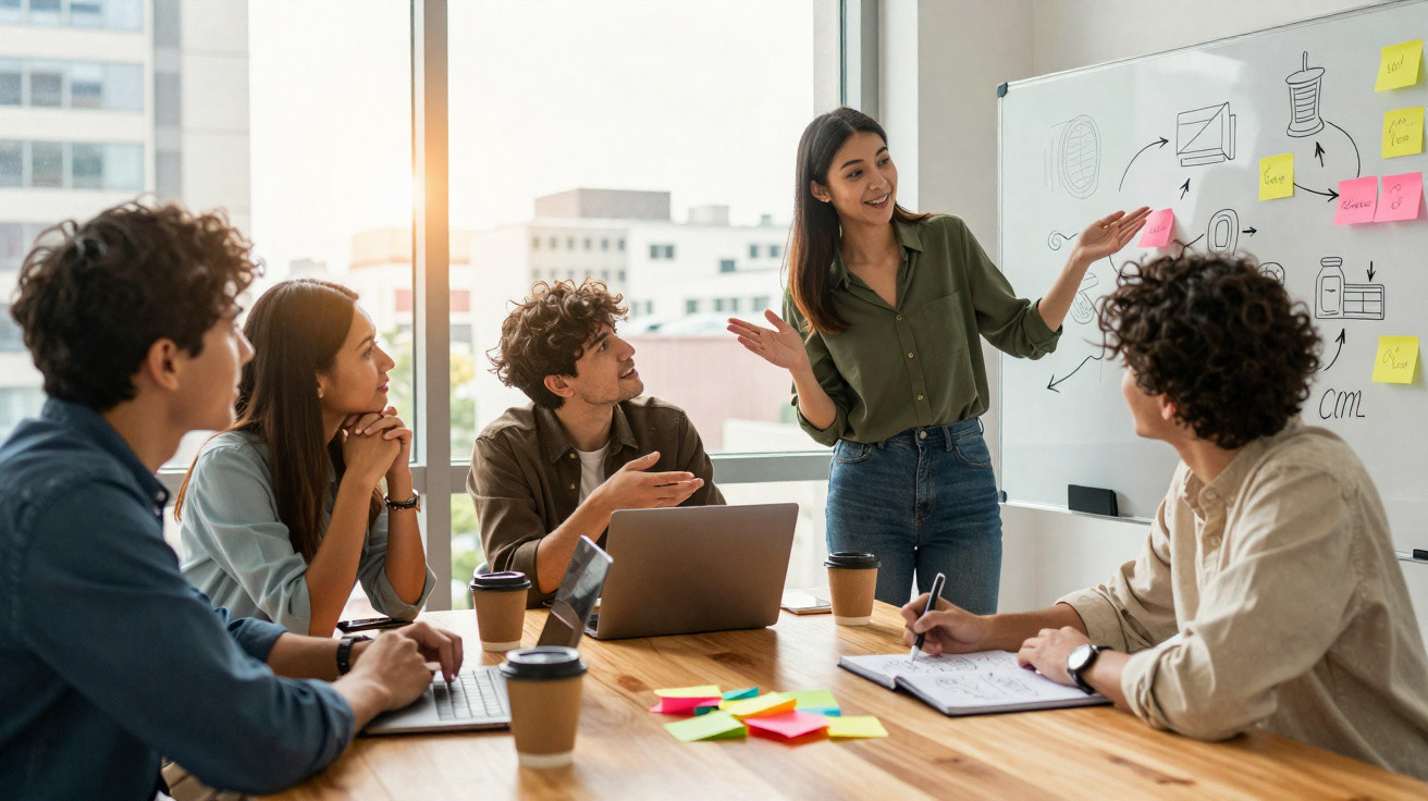 Grupo jovem em reunião de trabalho com anotações em quadro branco e laptops em mesa de escritório.