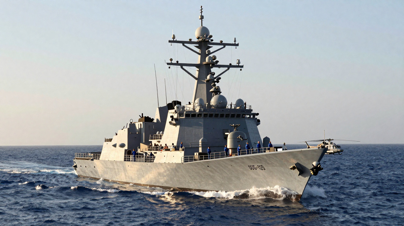 Fragata militar cinza navegando em mar calmo sob céu claro com tripulação no convés.