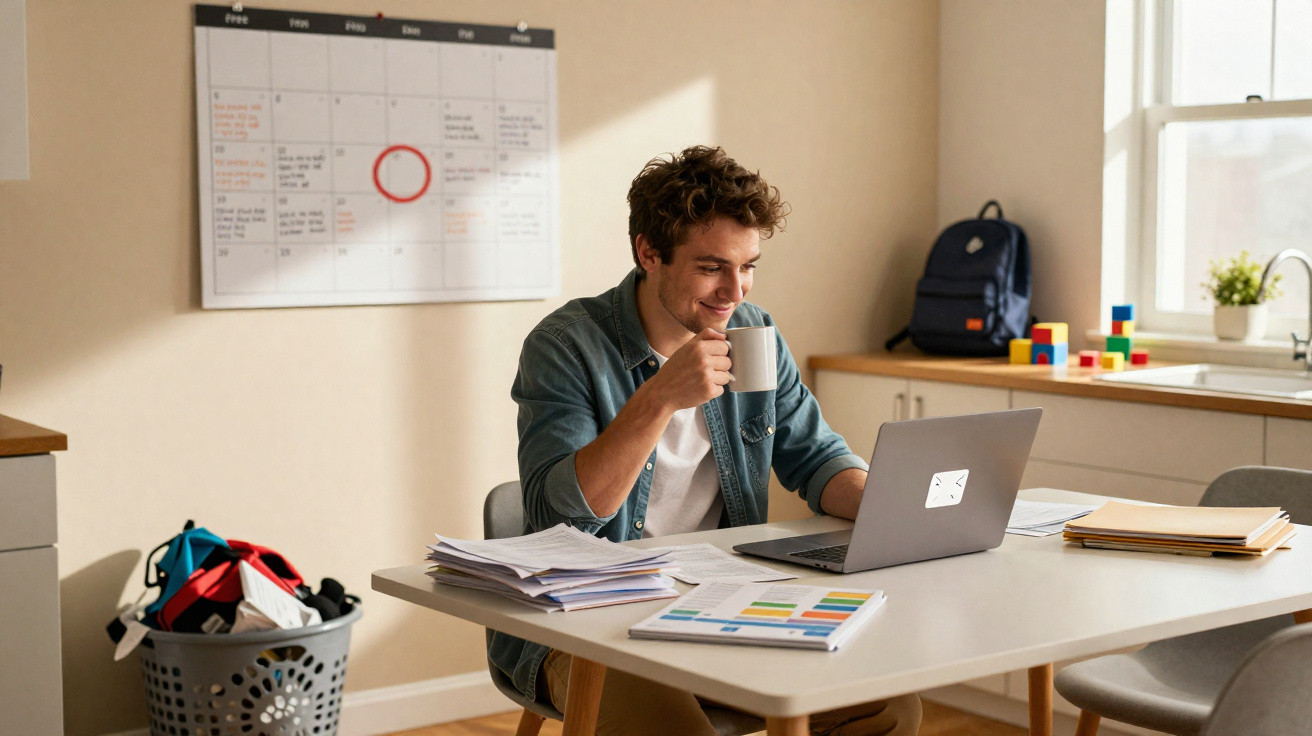 Homem sorridente tomando café enquanto trabalha no computador em mesa com documentos e calendário ao fundo.