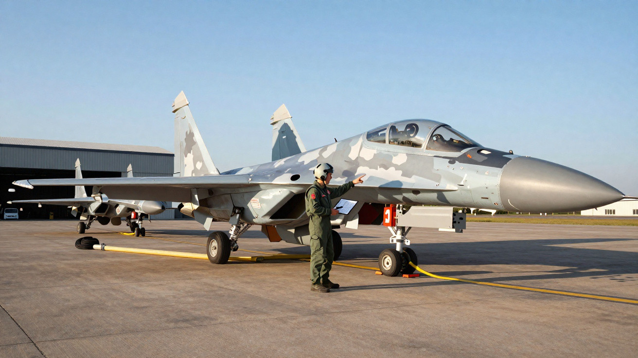 Caça militar camuflado cinza no aeroporto com piloto em traje de voo próximo à aeronave.