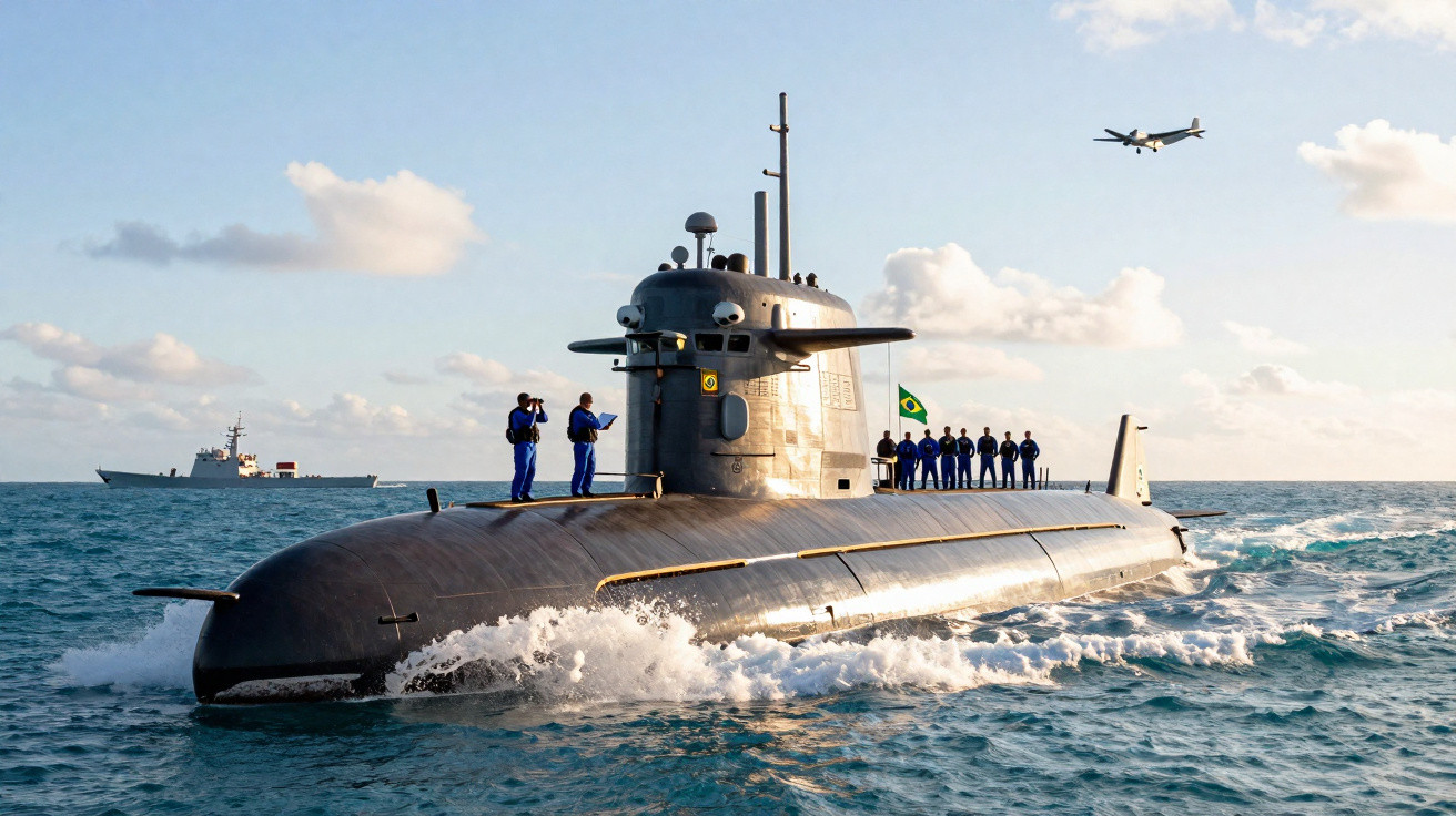 Submarino brasileiro na superfície com tripulantes e avião voando ao fundo em dia ensolarado.