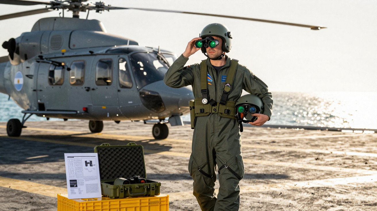 Militar em uniforme com capacete e binóculos em plataforma próxima a helicóptero em dia ensolarado à beira-mar.
