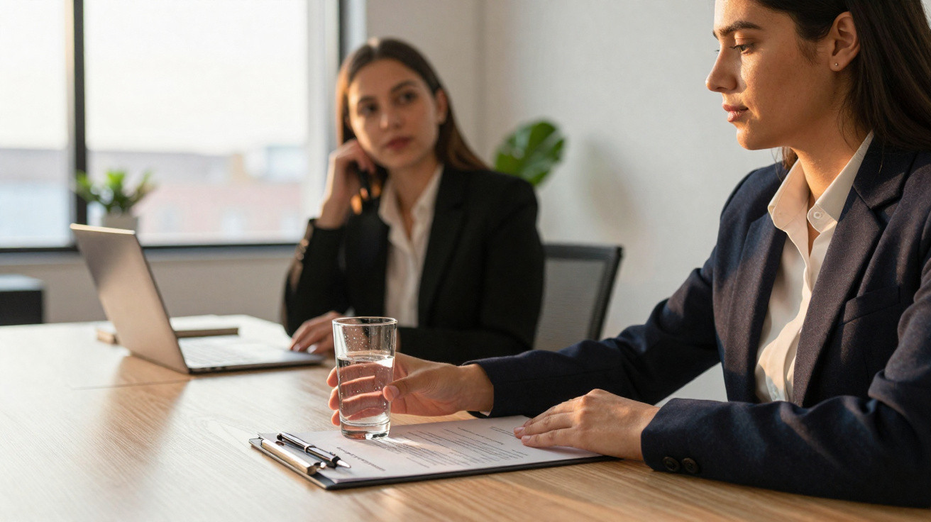 Duas mulheres em reunião de trabalho, uma segurando um copo de água e outra ao fundo com computador.