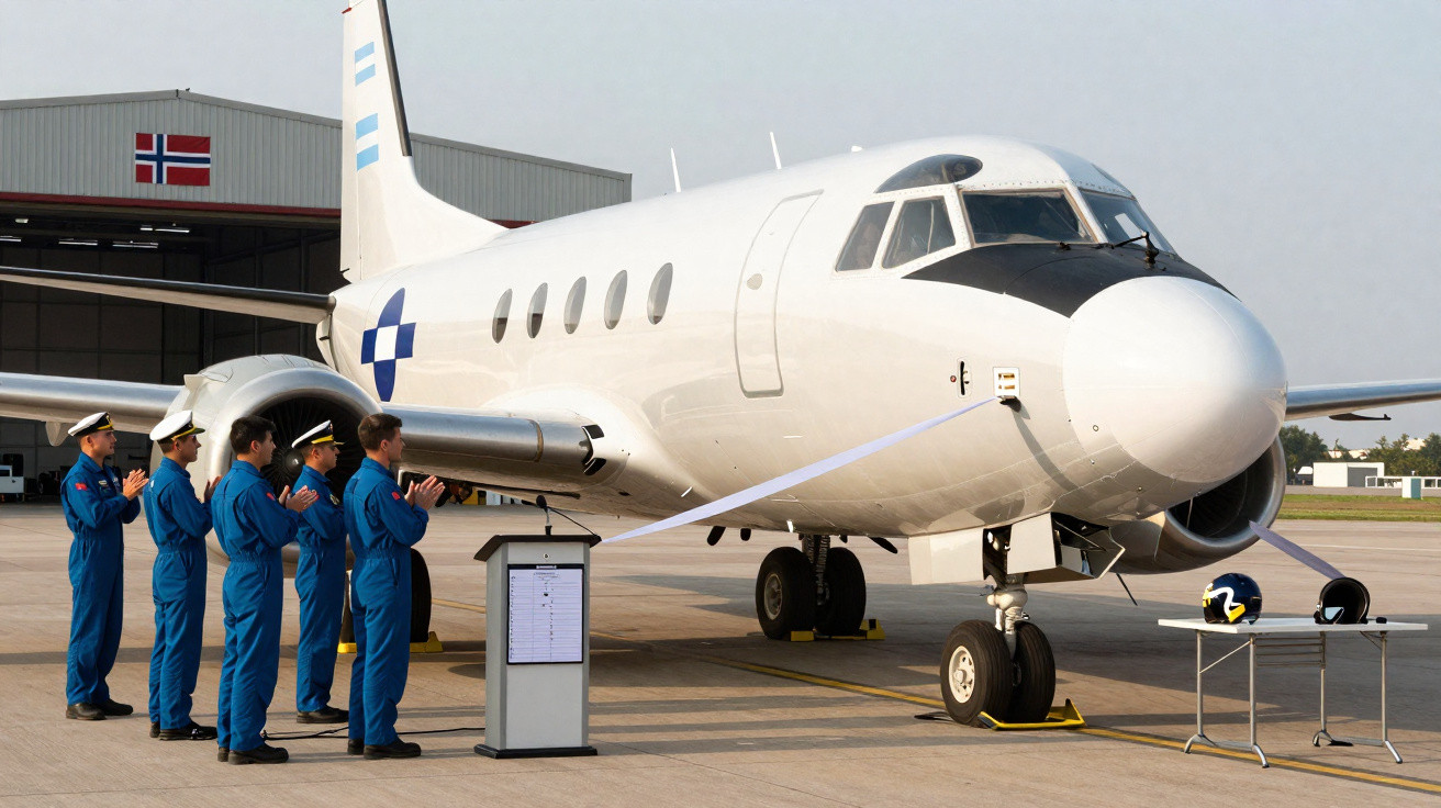 Cinco pessoas em uniformes azuis aplaudem perto de avião branco em pista de aeroporto com hangar ao fundo.