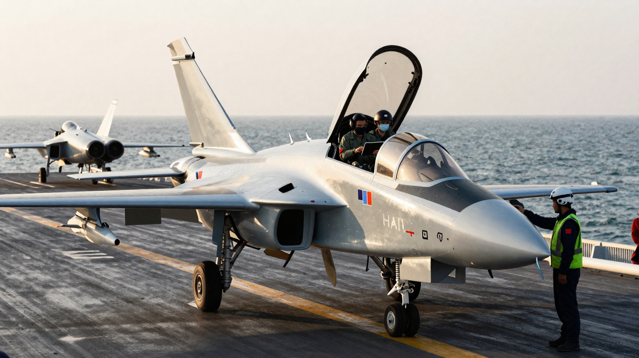 Caça militar cinza com dois pilotos no convés de porta-aviões em frente ao mar.