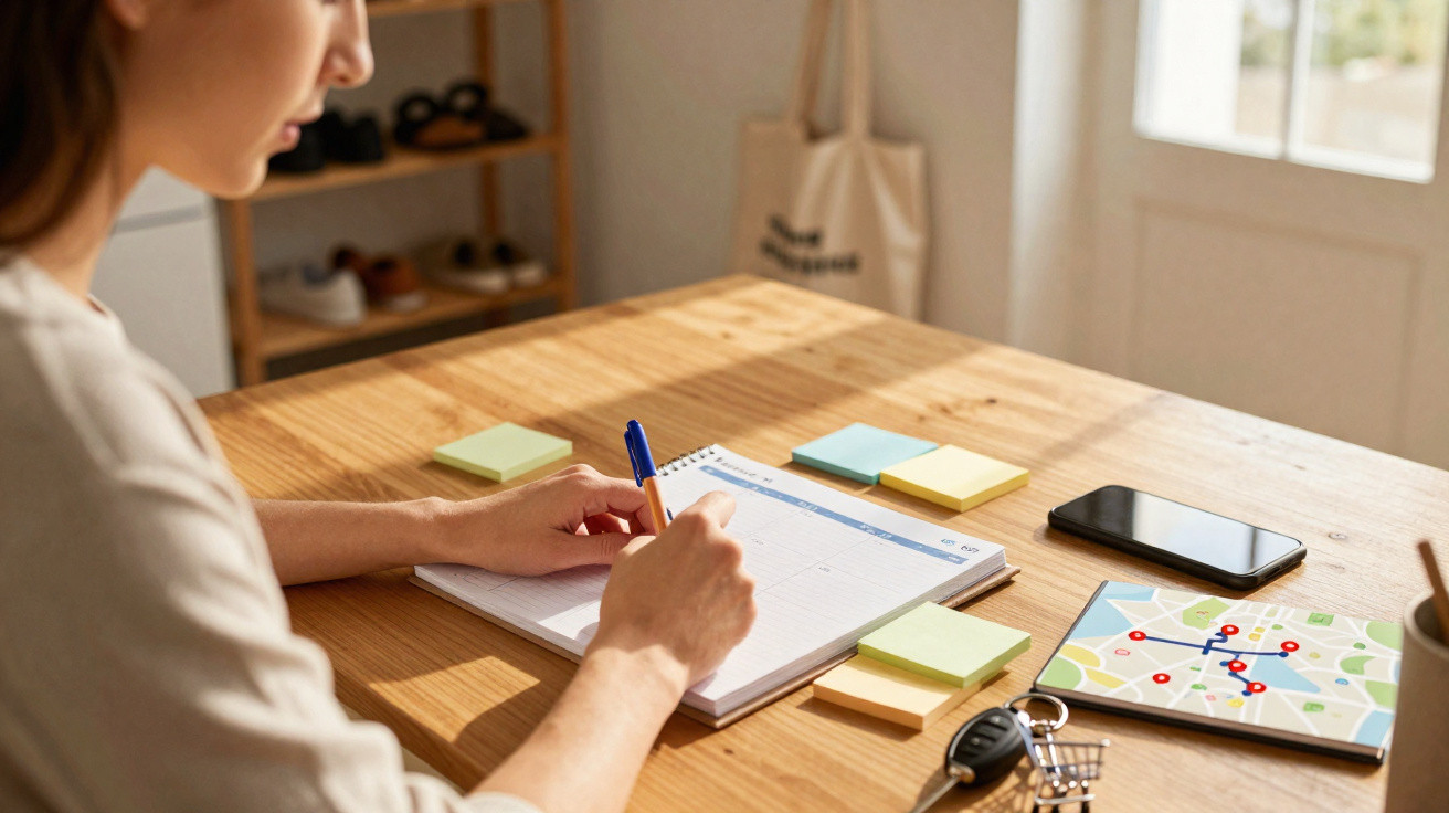Pessoa escrevendo em agenda na mesa com celular, chave, post-its e mapa com rota marcada.