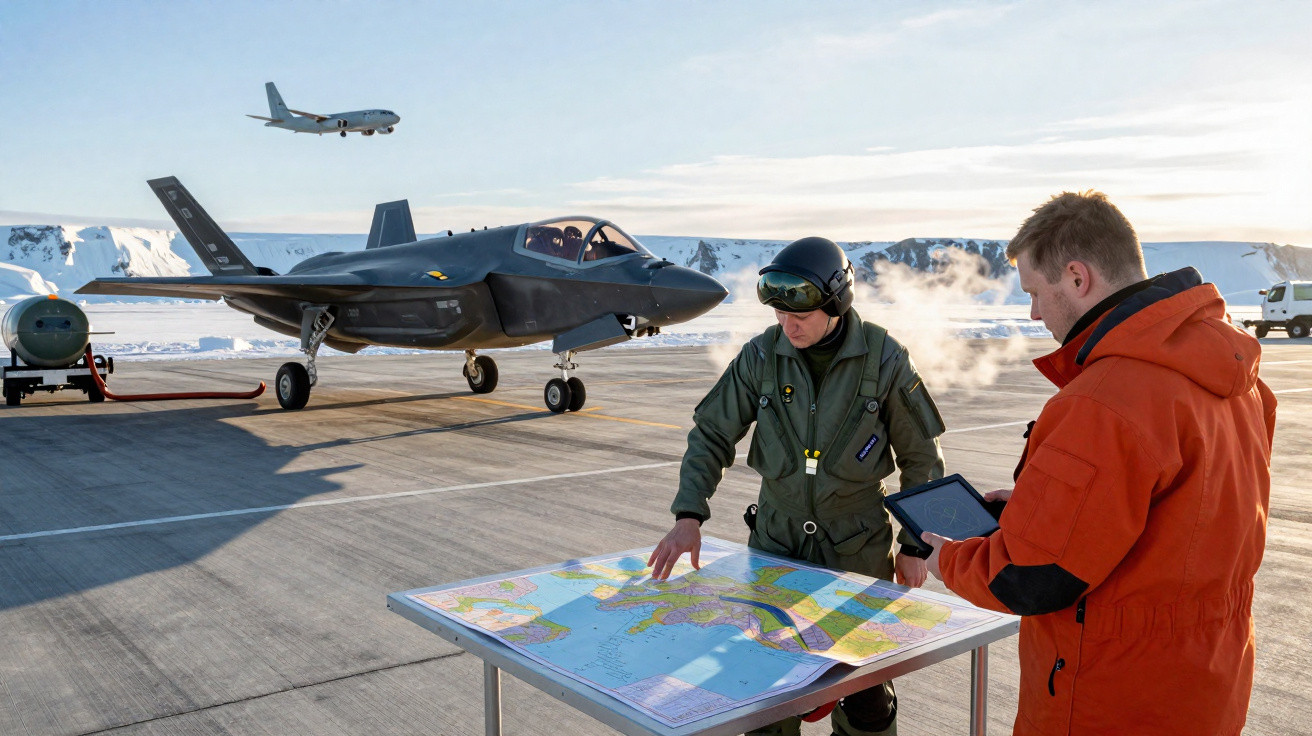 Dois homens analisando um mapa em mesa próximo a um caça F-35 com avião comercial voando ao fundo em pista gelada.