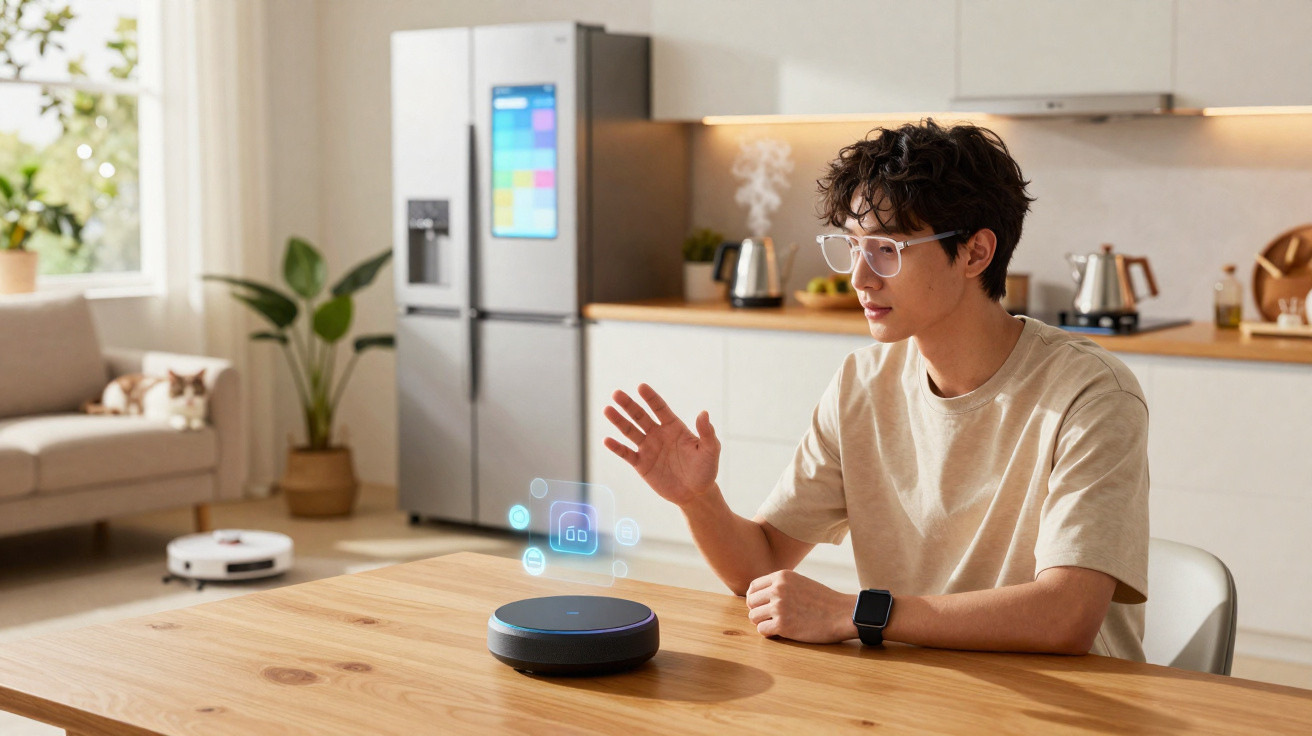 Jovem sentado à mesa interagindo com assistente virtual em sua cozinha moderna.