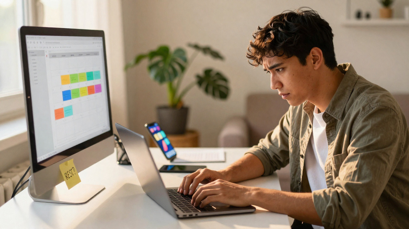 Jovem concentrado trabalhando em laptop com tela grande exibindo calendário colorido em escritório doméstico.