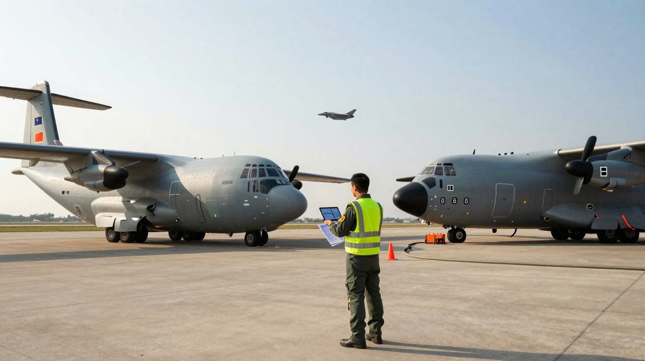 Homem com colete refletivo observa e monitora dois aviões militares estacionados em pista de aeroporto.